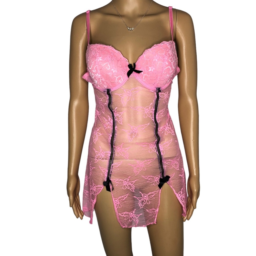 Y2K Pixie Dollcore Pink Butterfly Lace & Sheer Mesh Bustier